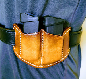 Double Magazine OWB Belt Holster for Glock 43 Italian Leather Pre-curved